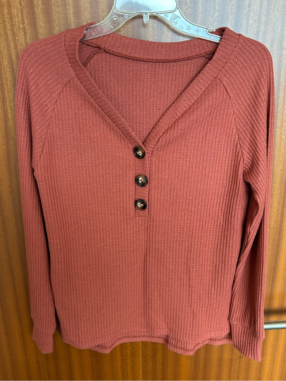 Waffle-Knit Henley Top in Rust